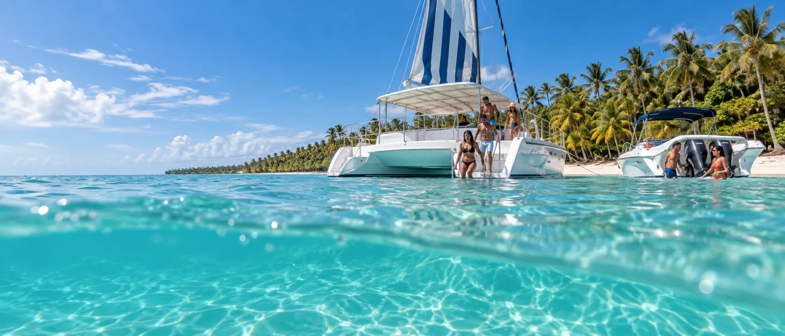 Catamarán y lancha frente a la playa de Saona