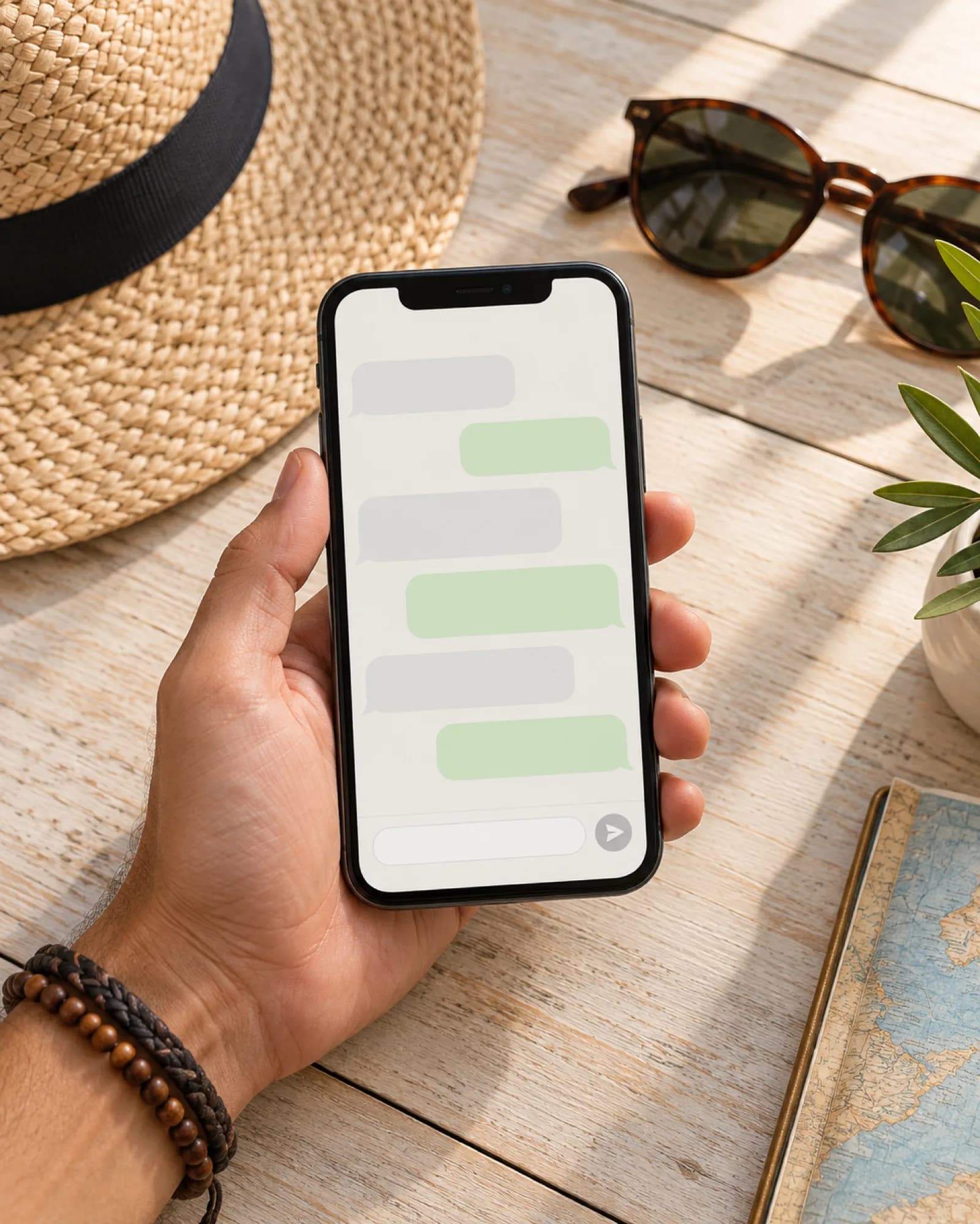 Mano sosteniendo un teléfono con una conversación de WhatsApp